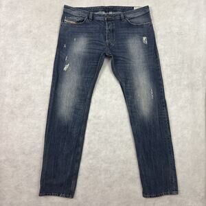 Diesel Industry Safado Jeans Mens 38x32 Blue Button Fly Stretch Distressed Denim